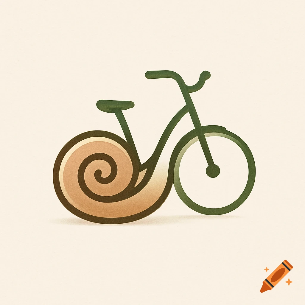 Stylized logo of a bicycle with a snail shell as its back wheel, on a light cream background.