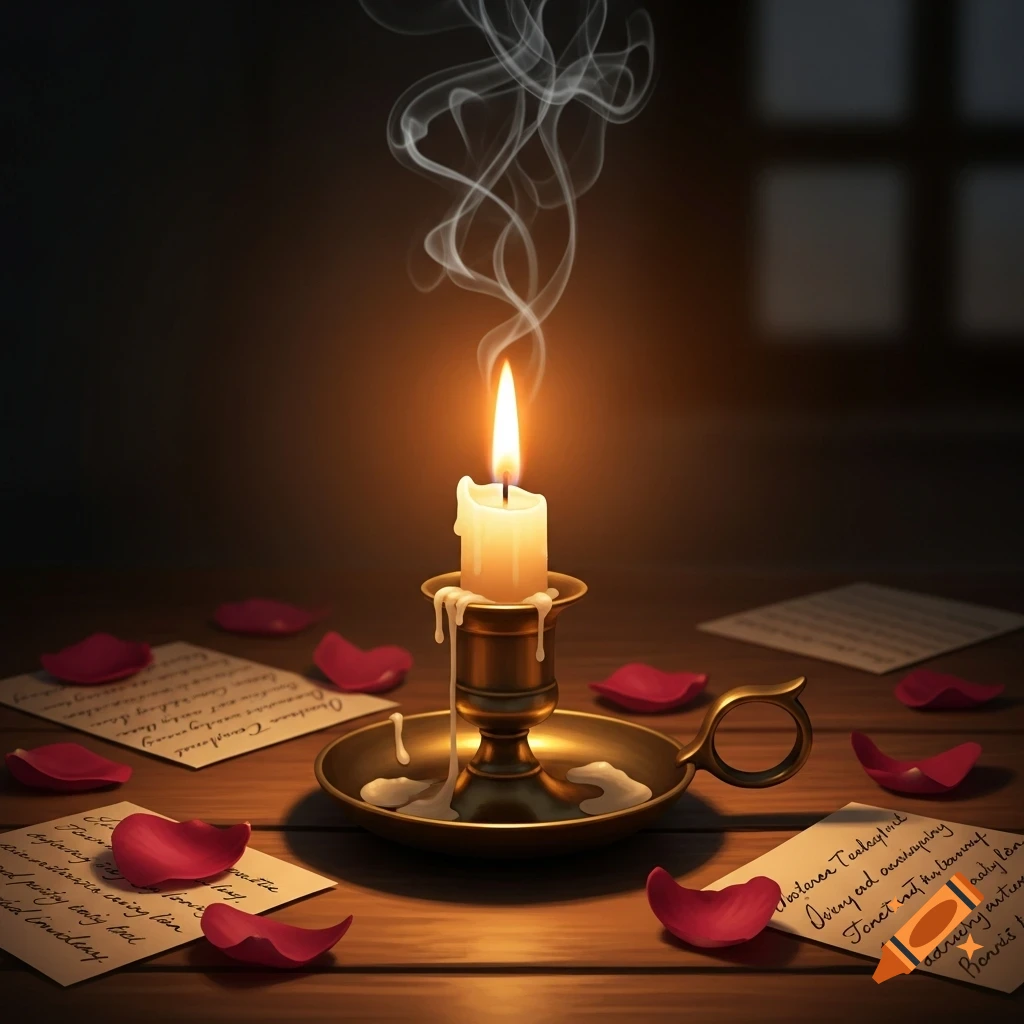 A glowing candle with wax drips in a brass holder on a wooden table, surrounded by scattered red rose petals and handwritten notes, in dim light.