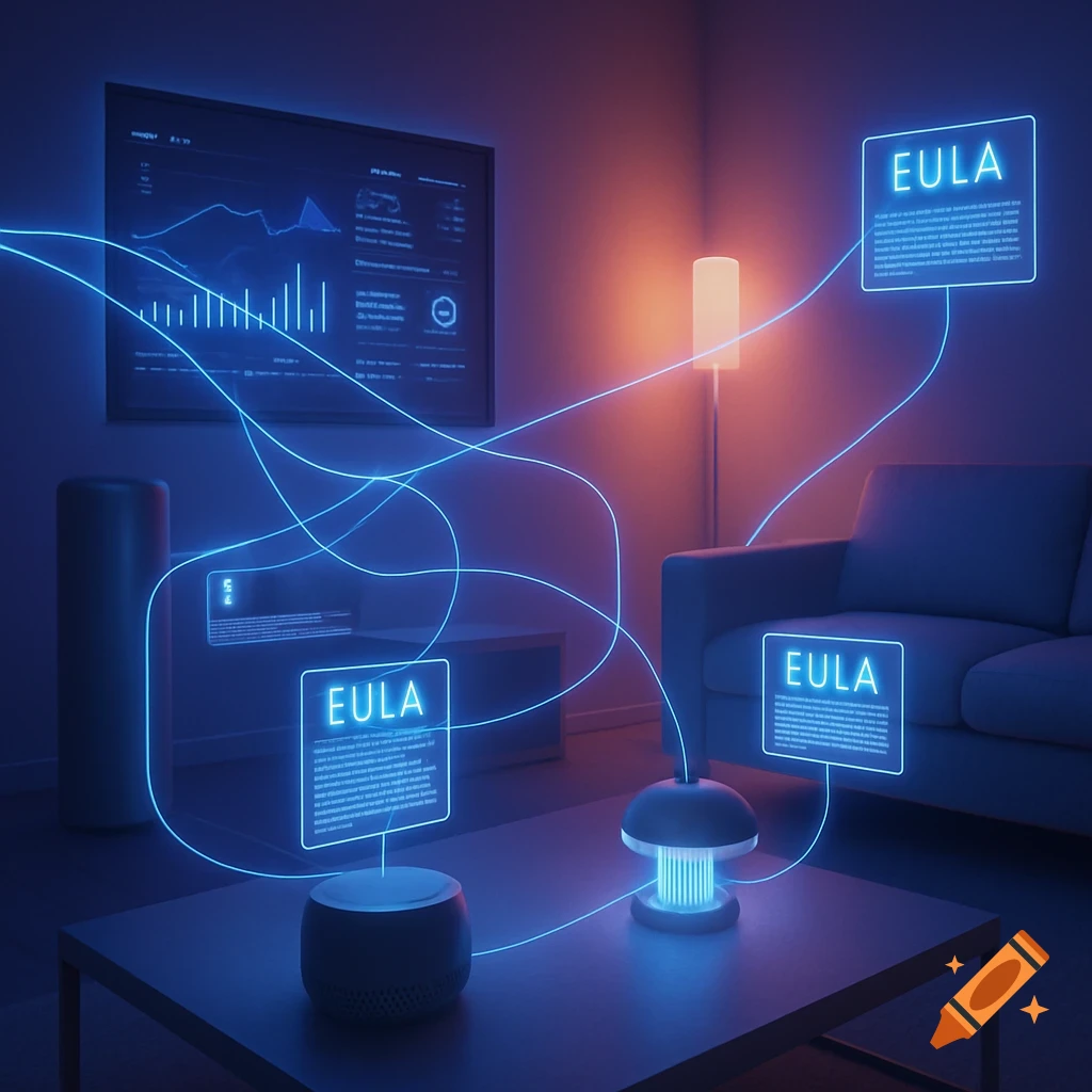 A dark, futuristic living room with a large TV displaying graphs and holographic screens labeled 'EULA' connected by glowing blue lines to smart devices.