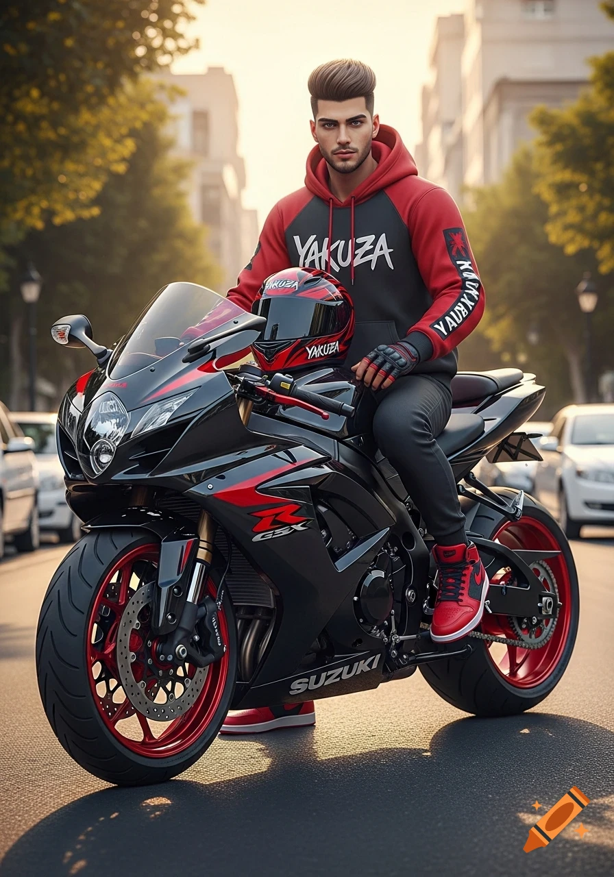 A man with a modern haircut in a red and black hoodie sits on a black and red sports motorcycle, a helmet resting on its tank, on a city street.