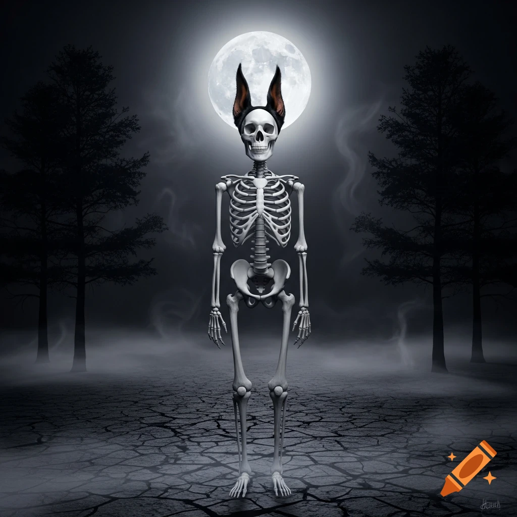A photorealistic skeleton wearing doberman ears stands on cracked earth with mist, silhouetted against a full moon and dark trees at night.