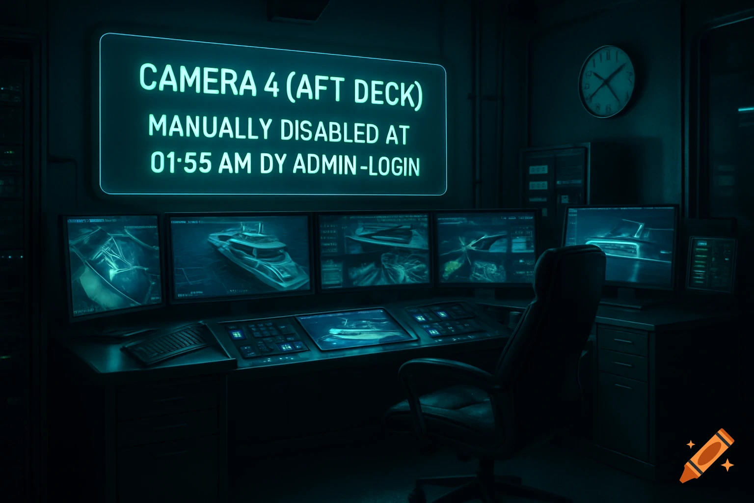 A dark, neon-lit control room with multiple screens displaying security footage of boats and a large glowing sign.