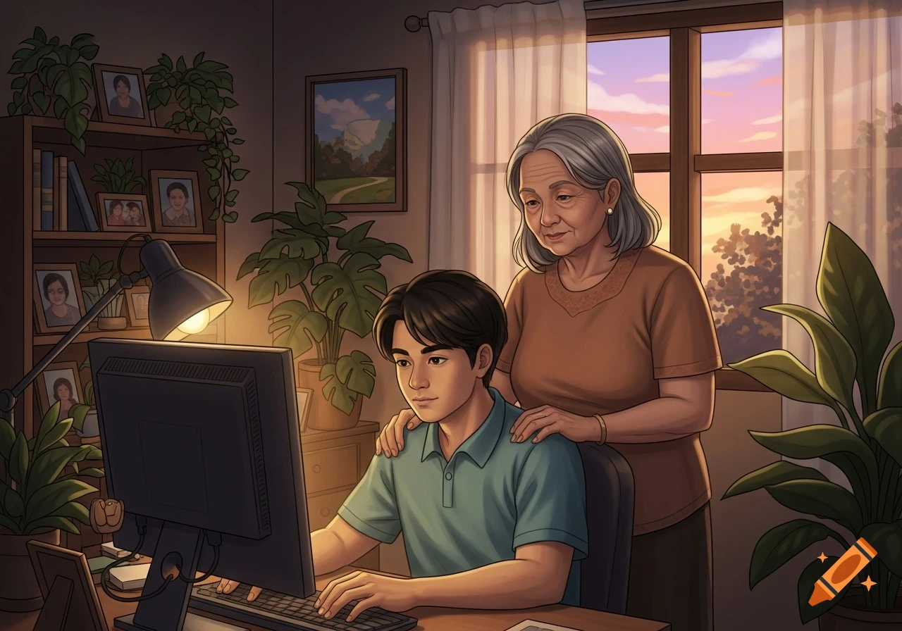 Digital illustration of a young man on a computer at home, an older Filipino woman behind him with a hand on his shoulder.