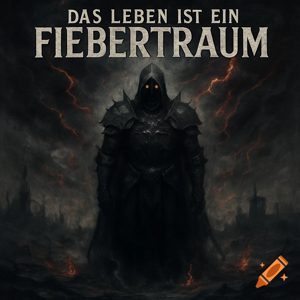 A dark fantasy album cover featuring a hooded, armored figure with glowing eyes against a stormy, ruined landscape. Text reads 'DAS LEBEN IST EIN FIEBERTRAUM'.