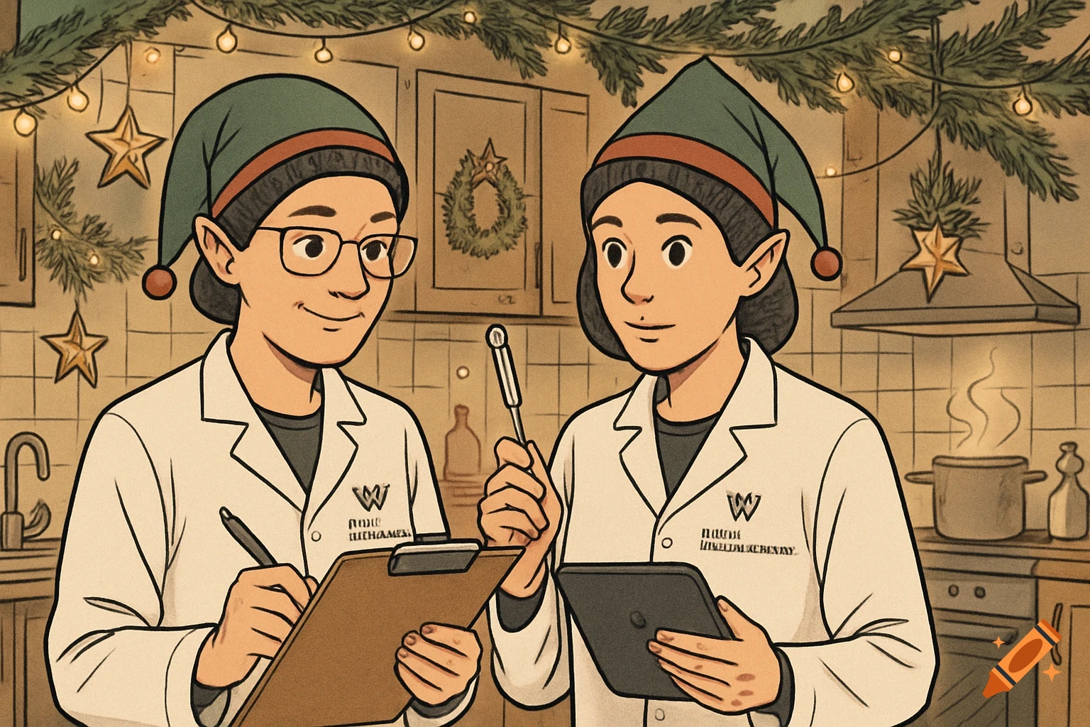 Cartoon of two elves in lab coats in a festive kitchen, one writing on a clipboard, the other holding a tablet and thermometer.