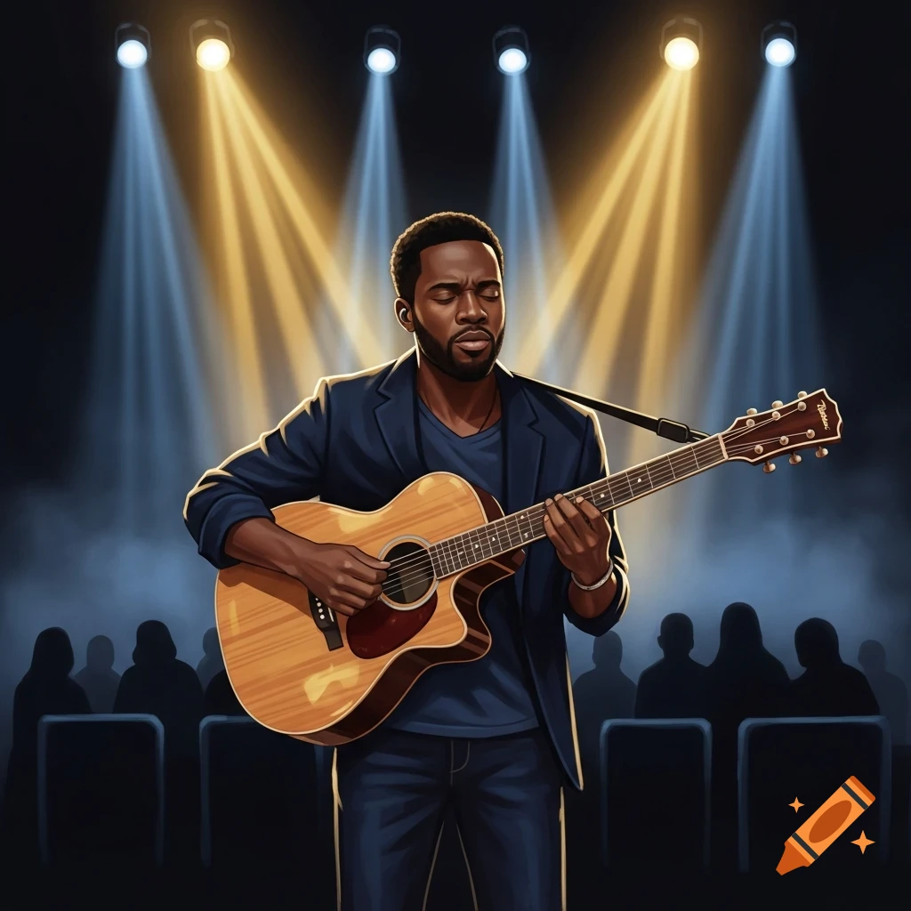 An African American man plays an acoustic guitar on a stage under spotlights, with an audience in the background.