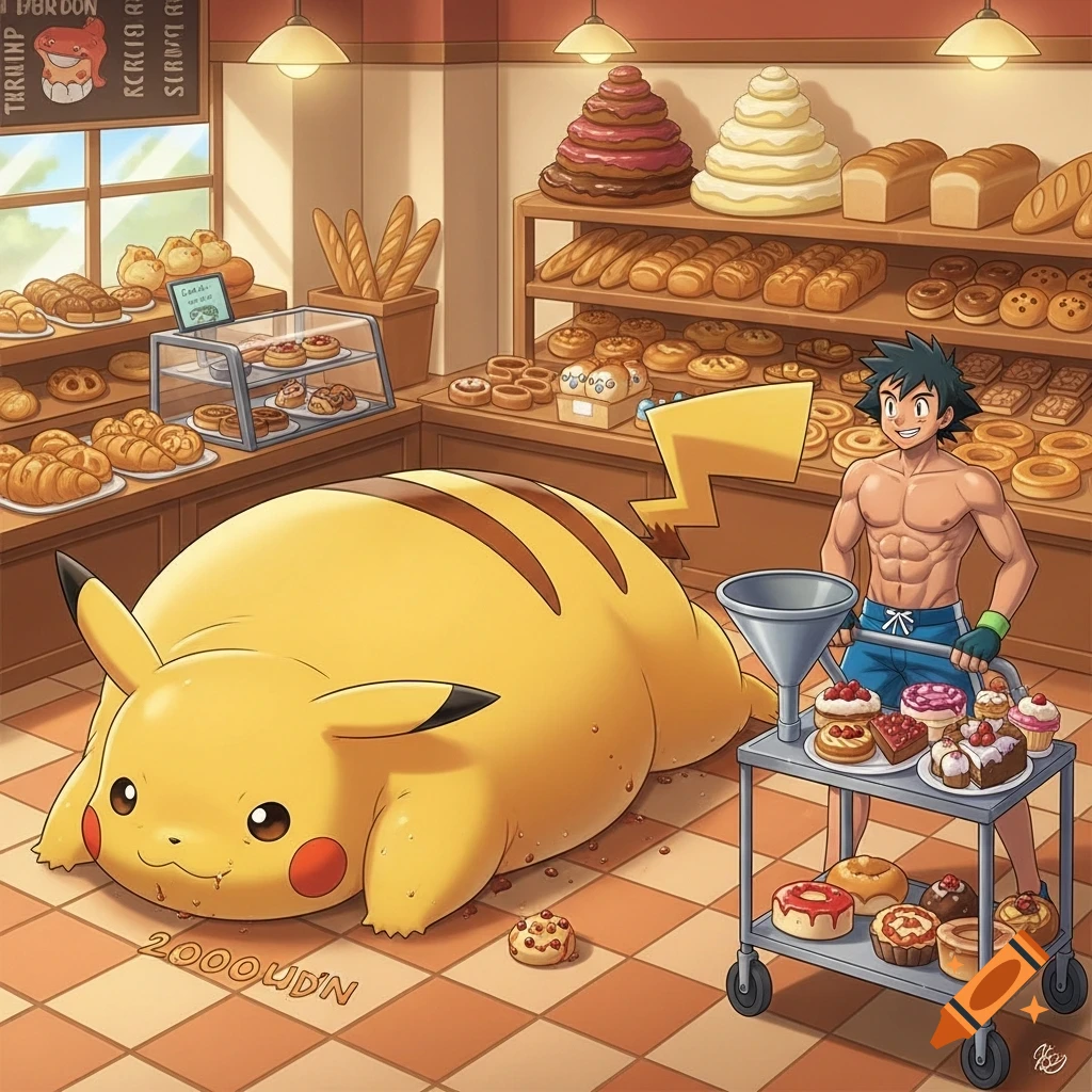 An obese Pikachu lies on a bakery floor, while a muscular Ash Ketchum pushes a cart of desserts with a funnel.