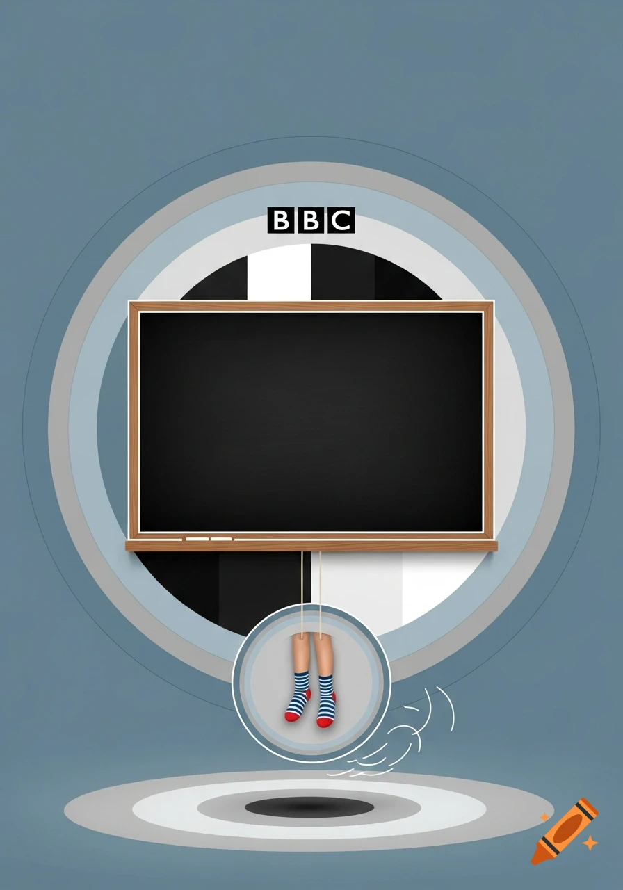 Abstract graphic resembling a BBC test card with a blackboard, BBC logo, and dangling legs in striped socks.