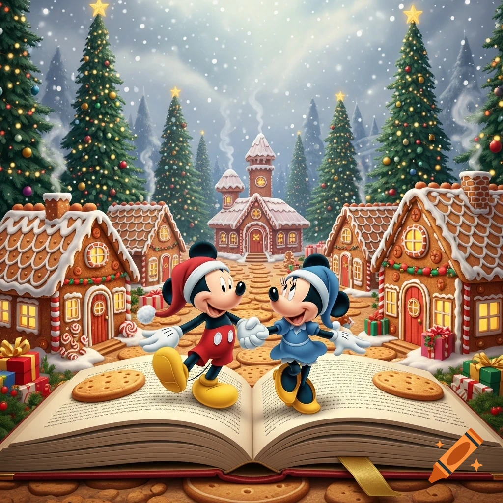 Mickey and Minnie Mouse on an open storybook in a snowy Christmas village with gingerbread houses and decorated trees.