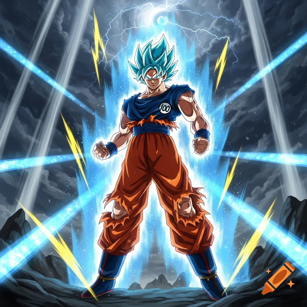 Goku in his Super Saiyan Blue form, radiating a blue aura and energy beams, stands ready for battle in a dynamic anime style.