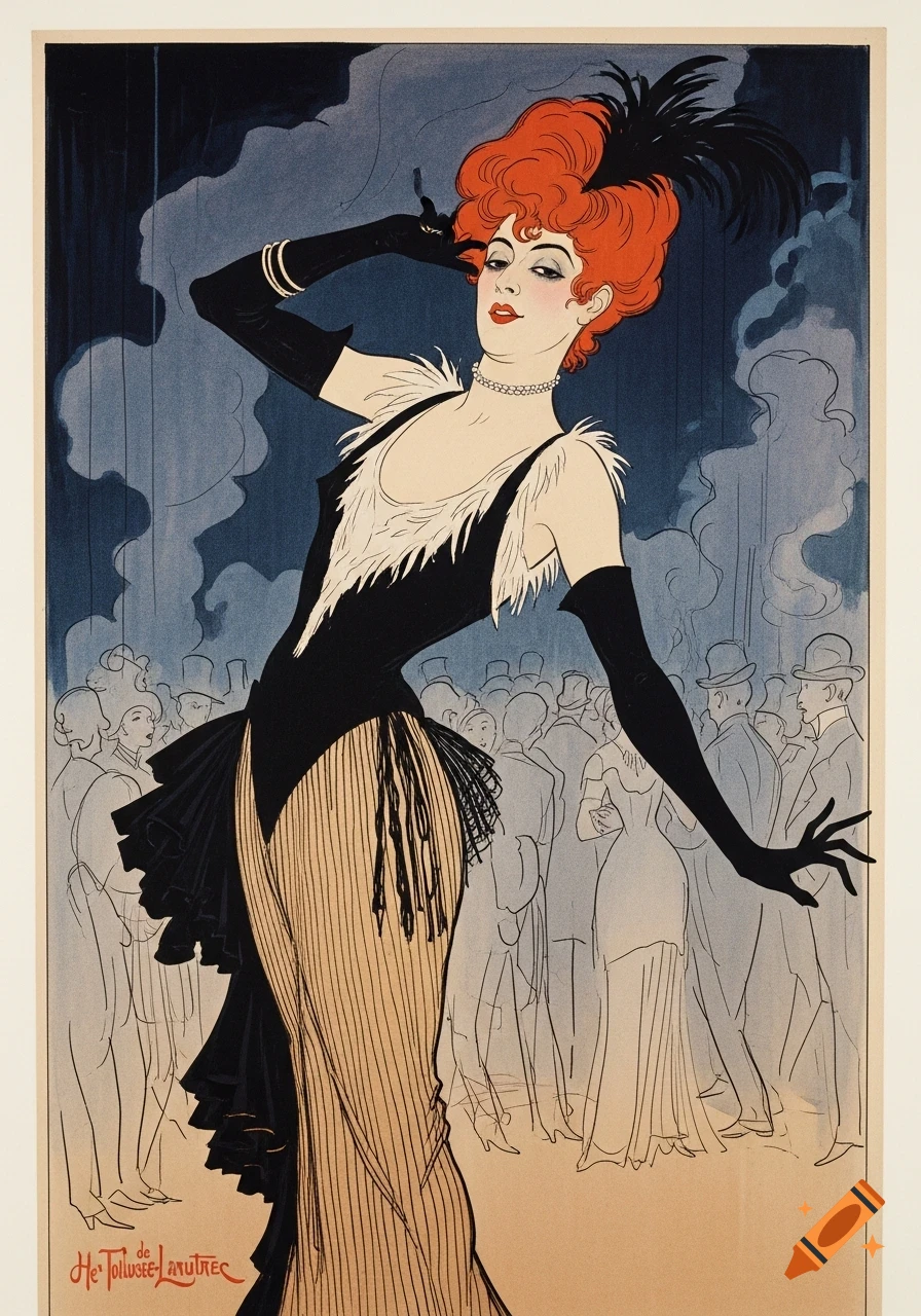 A red-haired cabaret singer in a black dress and long gloves poses on stage in a Toulouse-Lautrec style poster art.