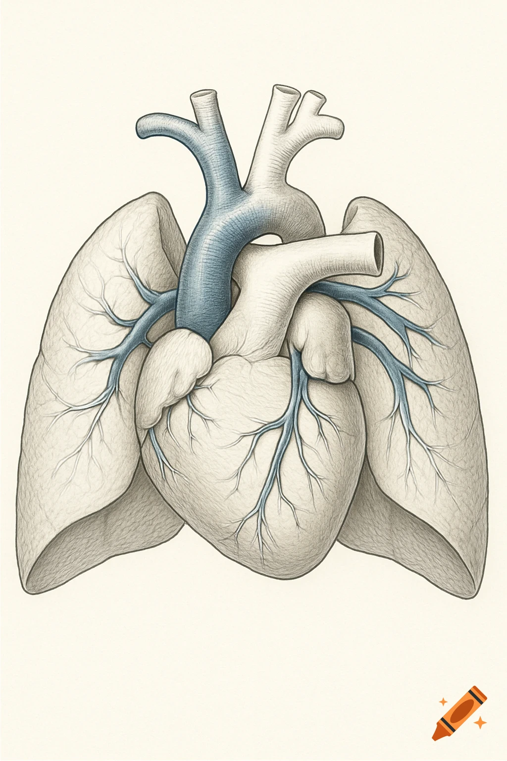 Hand-drawn anatomical illustration of a human heart and lungs with pulmonary arteries in blue and aorta in white/gray, on a neutral background.