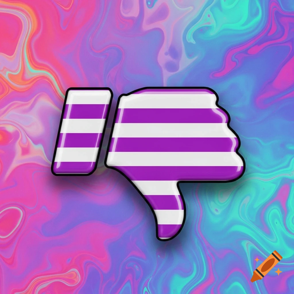 A purple and white striped thumbs-down icon against a vibrant, swirling background of pink, purple, and teal colors.