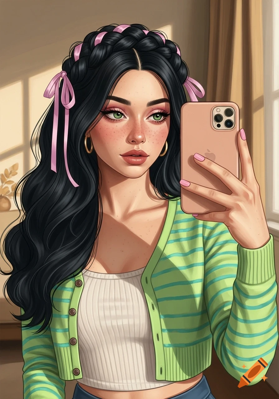 Digital art portrait of a young woman with long black braided hair and pink ribbons, wearing a green striped cardigan, taking a mirror selfie.