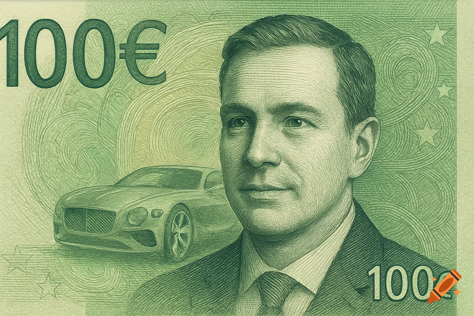 Engraved green fictional 100 euro banknote with a man's portrait and a Bentley car as a watermark.