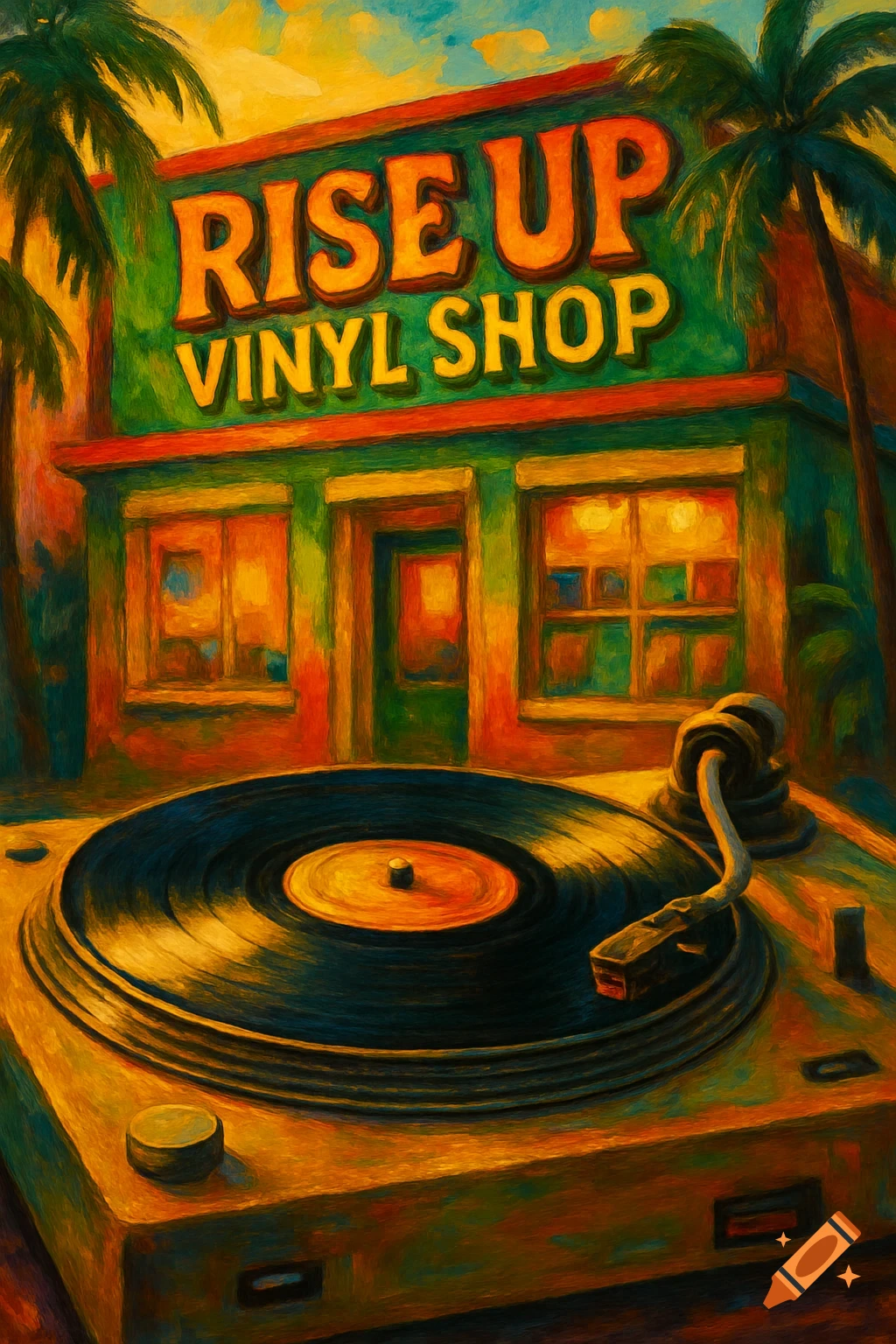 A vibrant, painterly image of a record player in front of a tropical 'Rise Up Vinyl Shop' with palm trees.