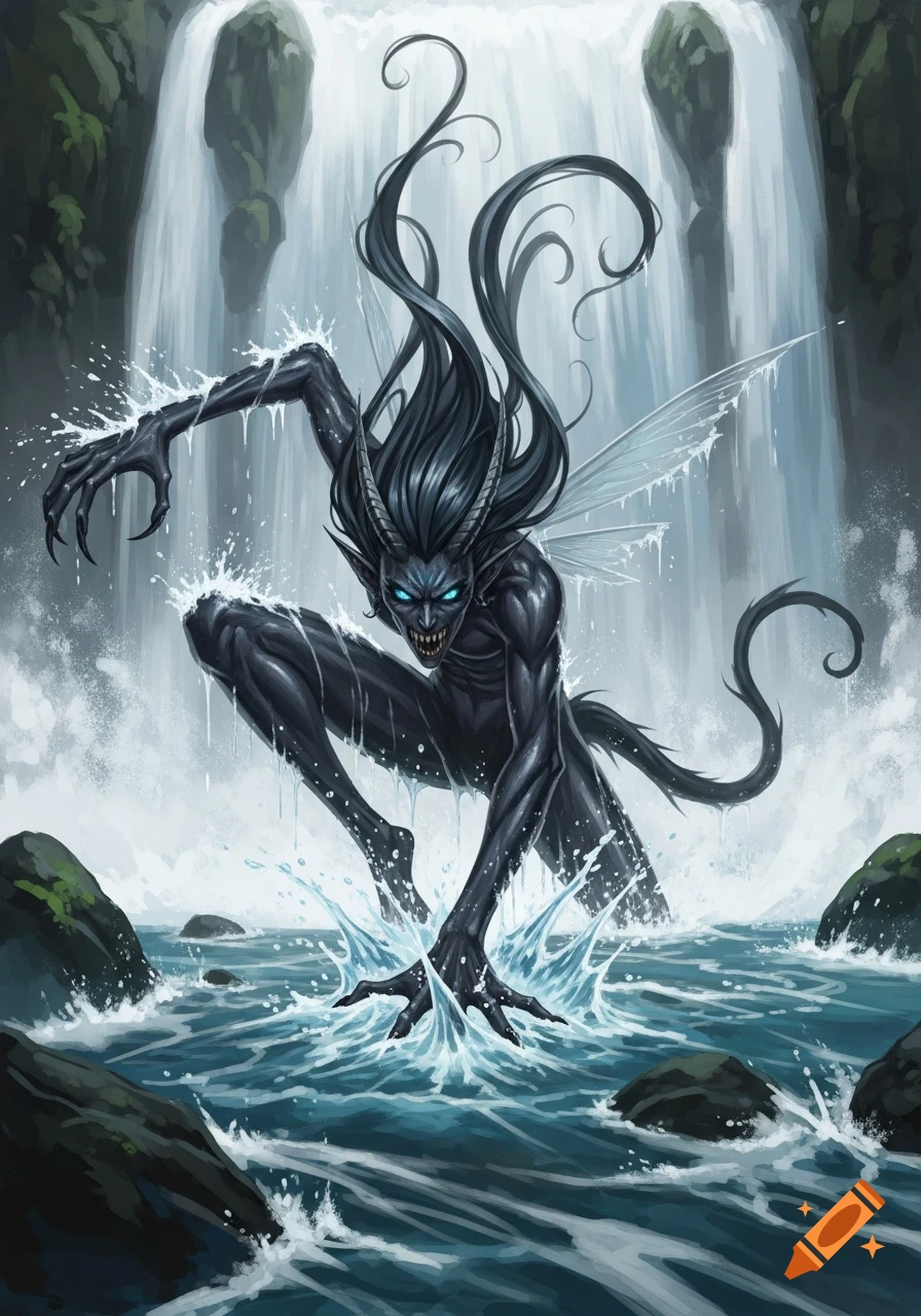 A dark, demonic water fae creature with glowing blue eyes, horns, and small wings emerges from a jungle waterfall, splashing water.