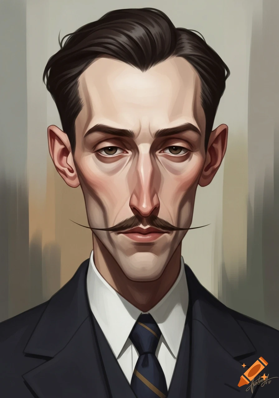 Stylized portrait of a man with a thin face, prominent mustache, and dark hair, wearing a suit and tie.