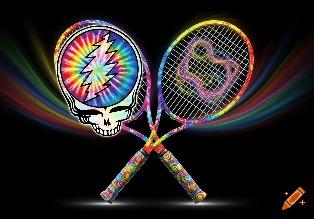 Grateful Dead Stealie skull with lightning bolt and two crossed tie-dye tennis rackets with rainbow light streaks on black background.