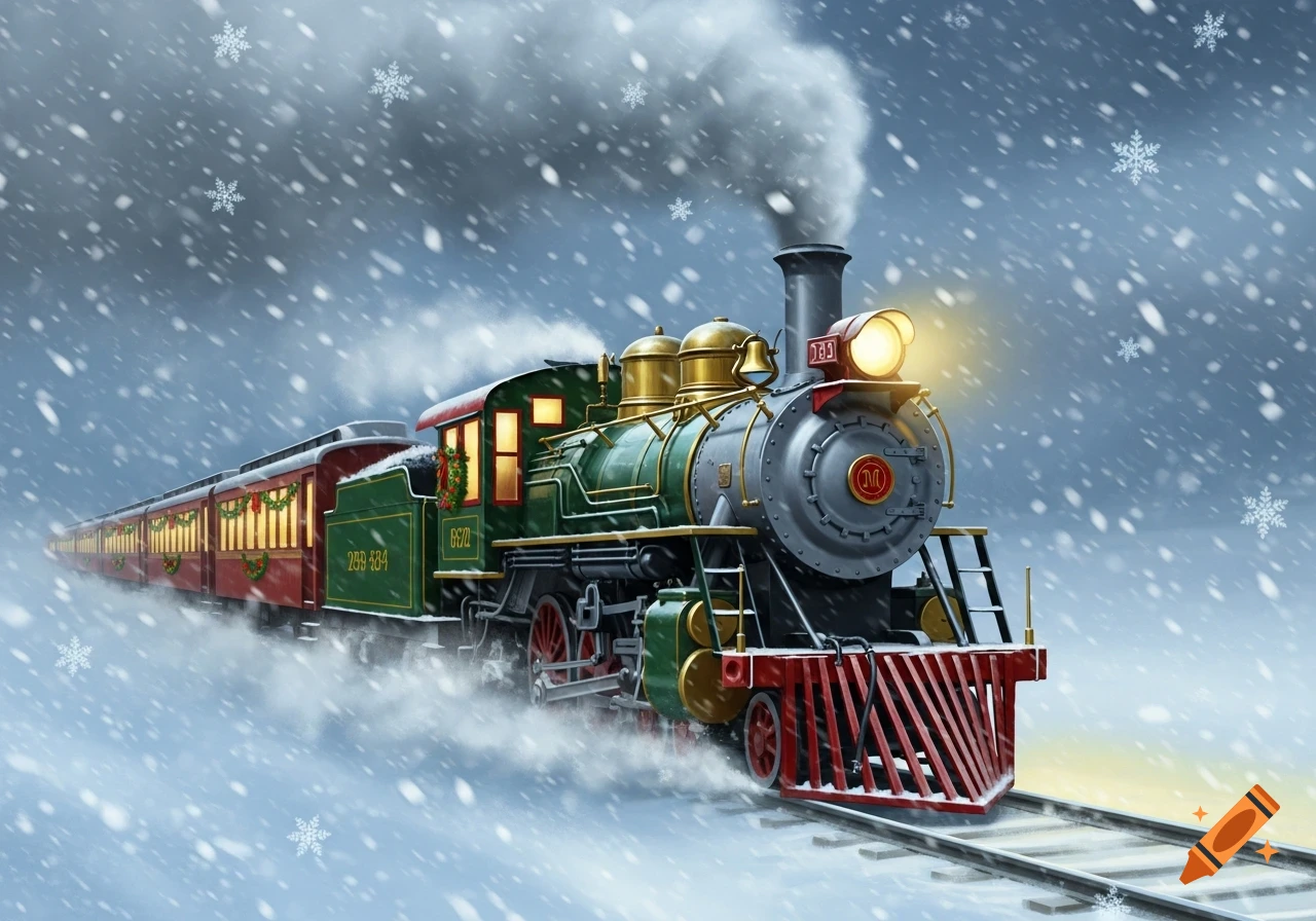 A detailed illustration of a vintage Christmas train with festive wreaths moving through a snowy landscape at night.