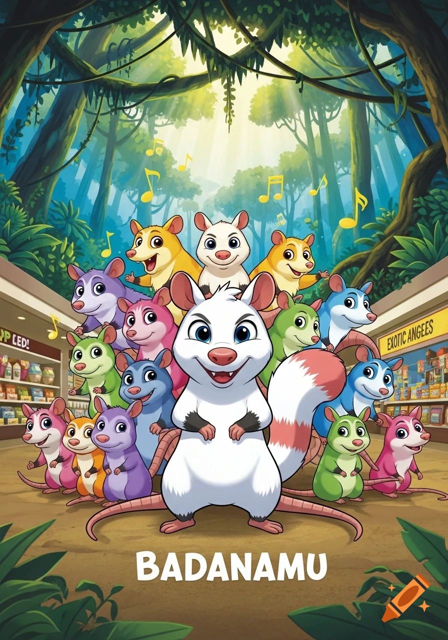 A large group of colorful, cartoon possum-like creatures, led by a white one with a red-striped tail, against a jungle and pet store backdrop with musical notes.