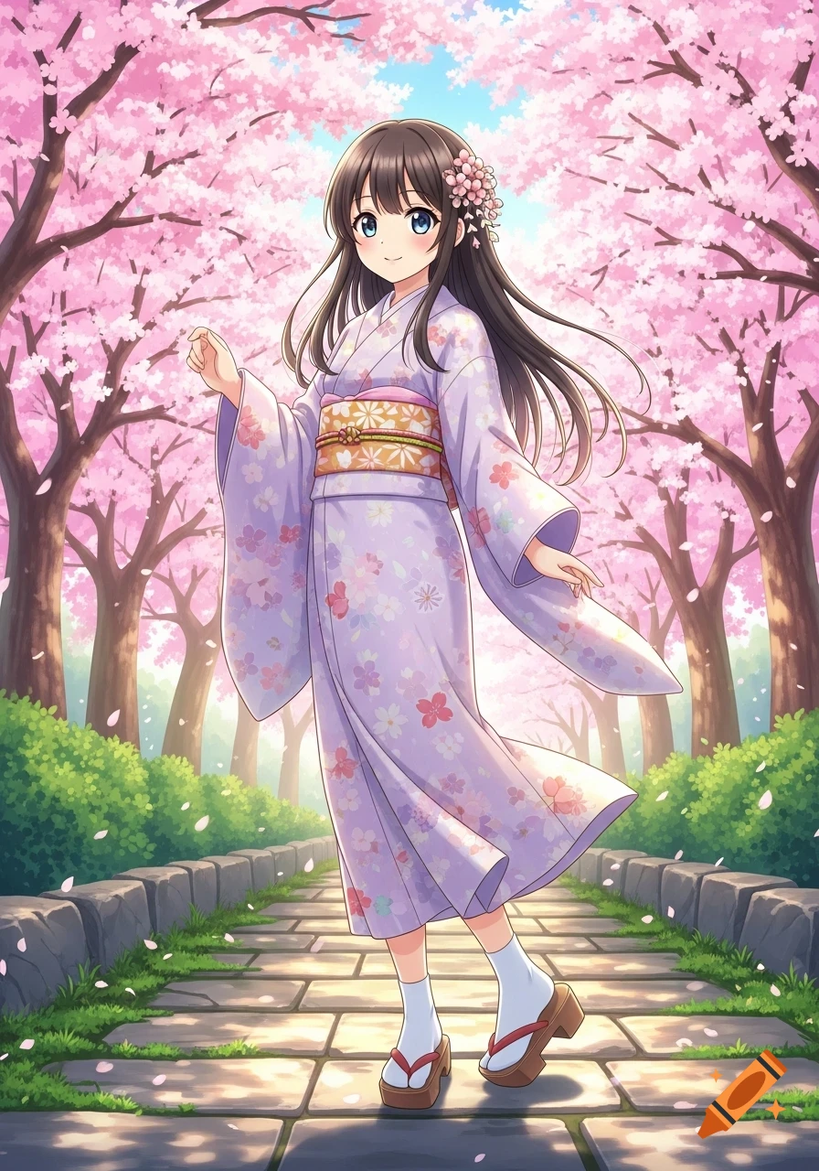 A cute anime girl in a lavender kimono with a flower in her hair walks along a path lined with pink cherry blossom trees.