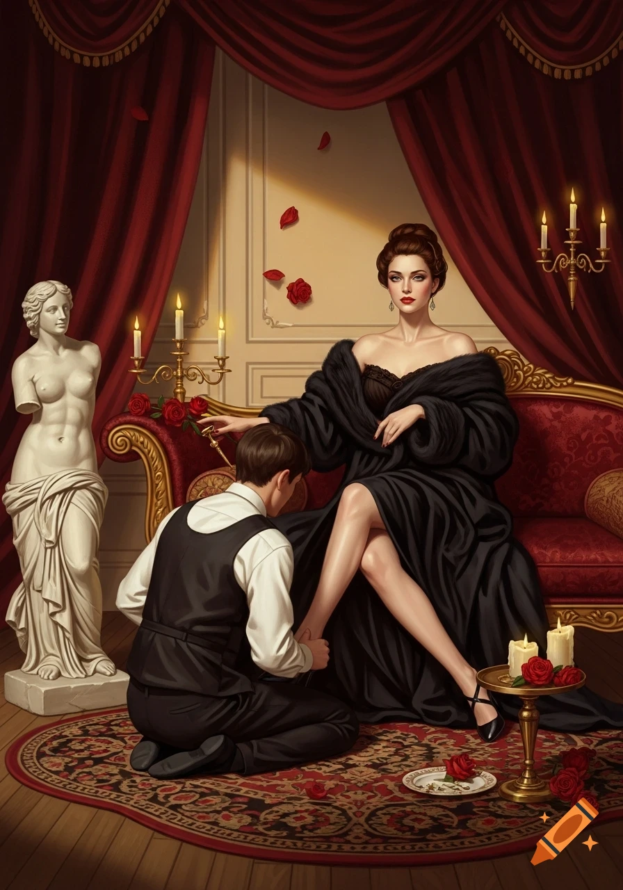 An artistic illustration in a 19th-century salon style, showing a woman in a dark fur wrap seated dominantly on a red sofa while a man kneels at her feet, tending to her leg, with a classical statue and candles nearby.