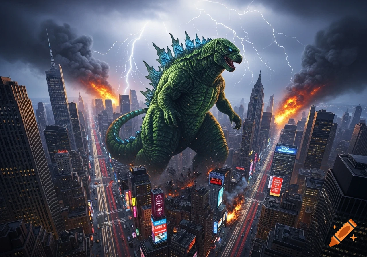 Godzilla stomps through a burning, lightning-struck New York City skyline, with explosions and smoke rising from buildings.