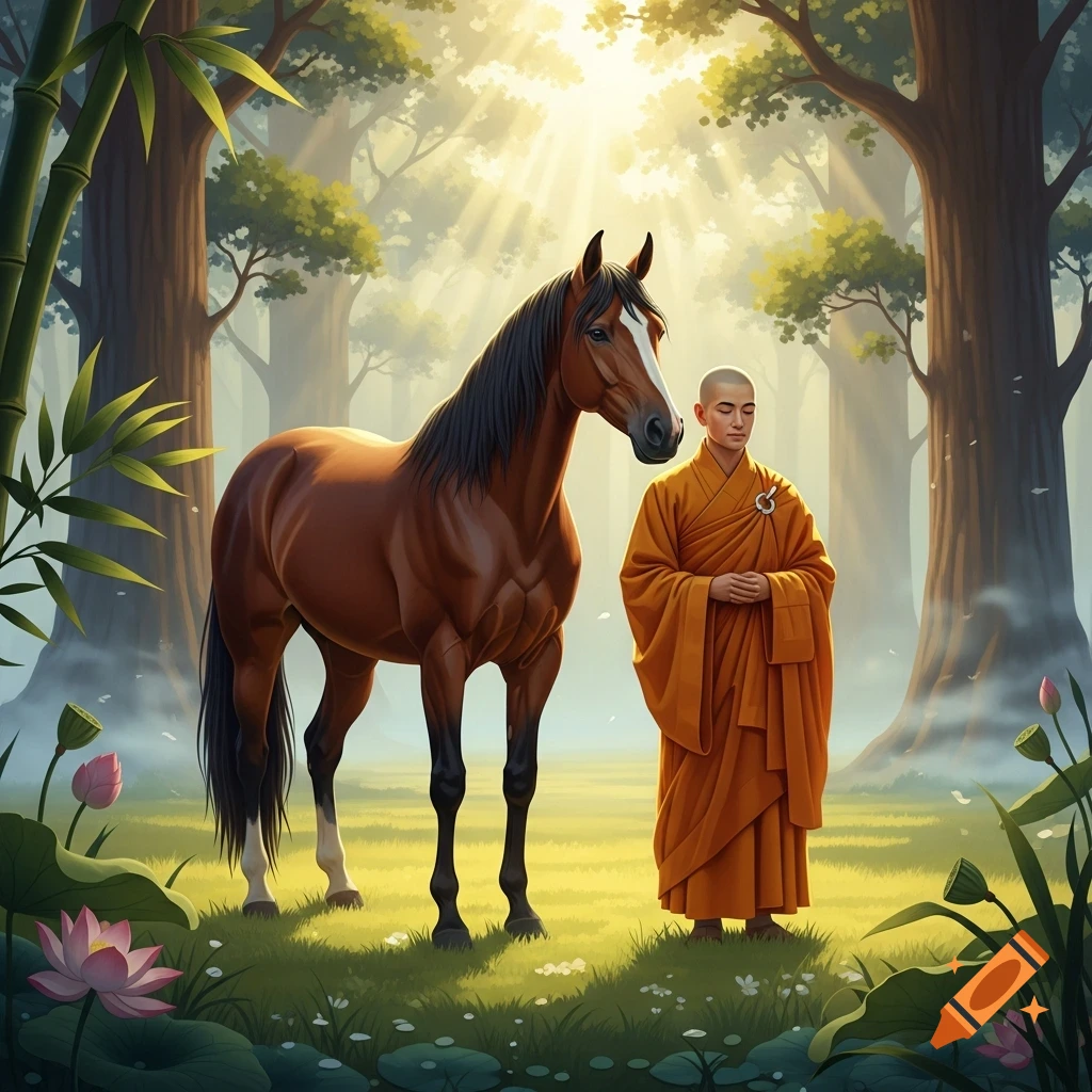 A brown horse stands next to a bald Buddhist monk in orange robes in a mystical sunlit forest with lotus flowers.