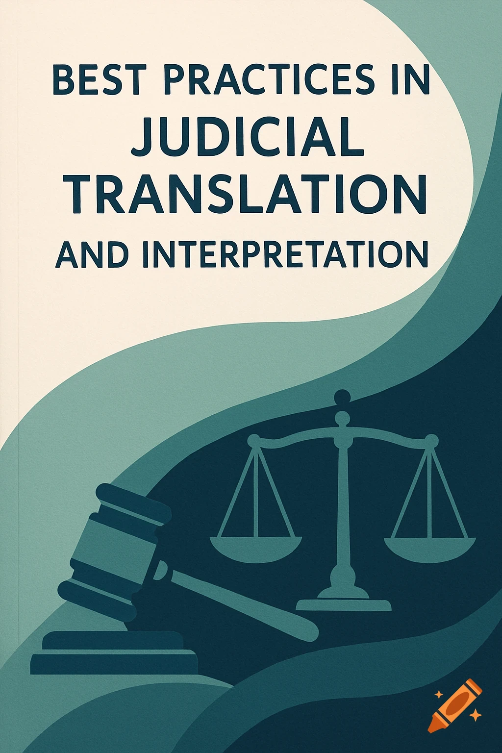 An illustrated book cover for 'BEST PRACTICES IN JUDICIAL TRANSLATION AND INTERPRETATION' with a gavel and scales of justice on a teal and blue background.