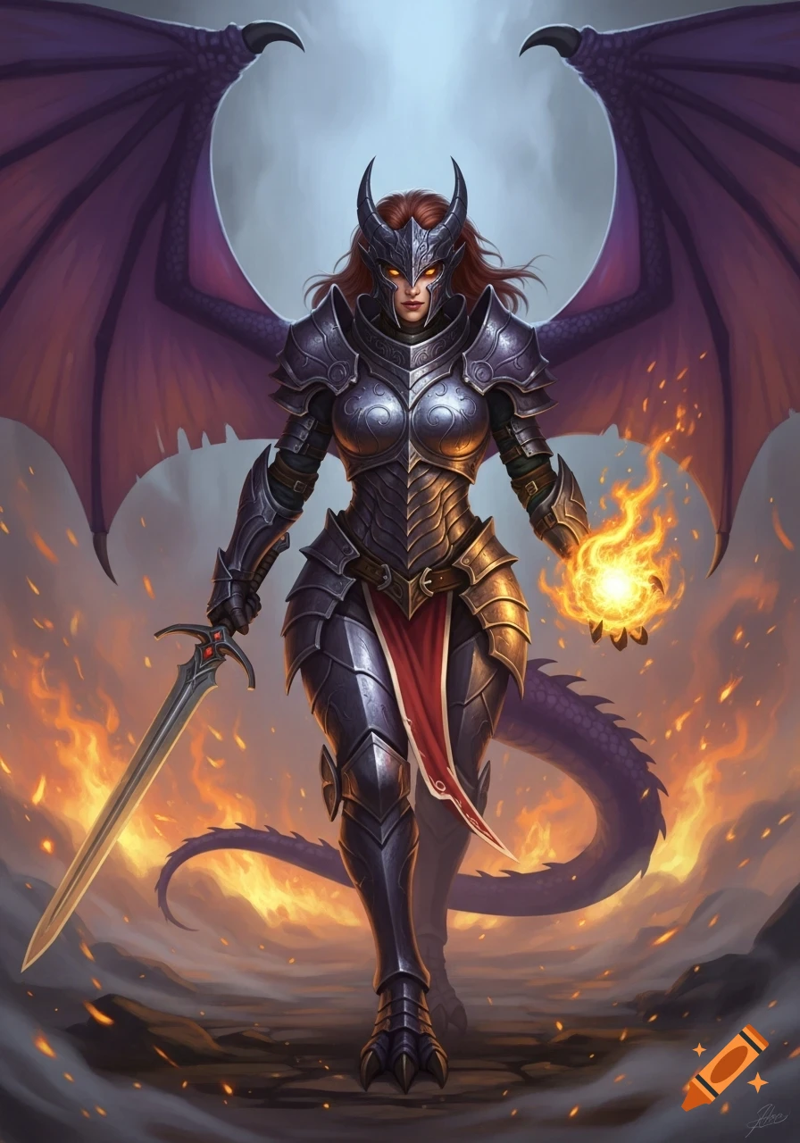 A female dragon knight in dark horned armor, with purple wings and tail, holds a sword and a glowing fireball amidst a fiery landscape.