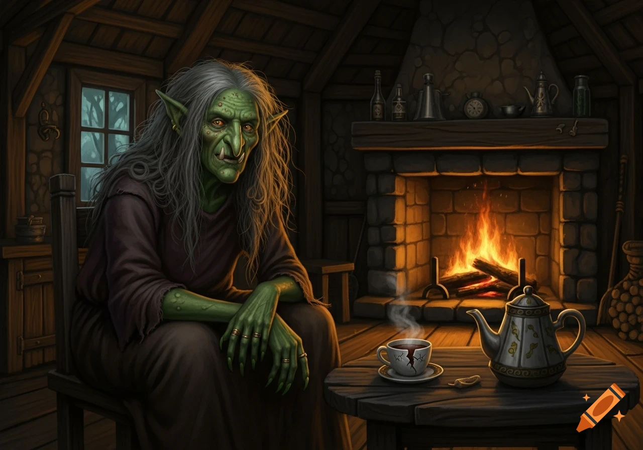 An old green hag with long gray hair sits by a crackling fireplace in a rustic hut, next to a steaming teacup and teapot.