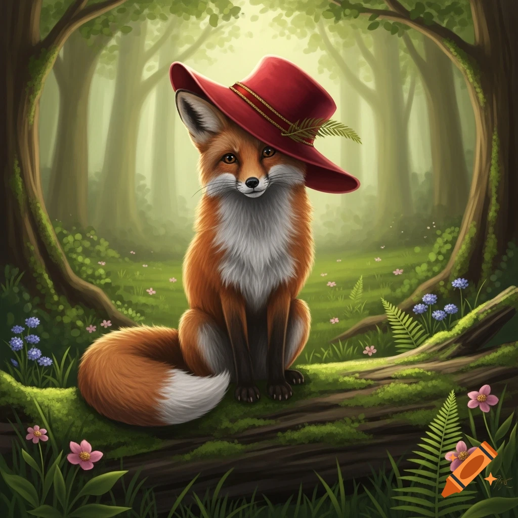 A cute red fox with a white chest sits on a mossy log in a green forest, wearing a red hat with a feather.