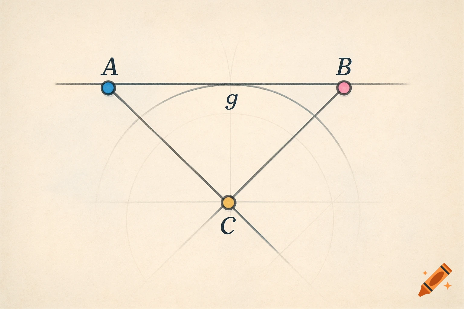 Geometric diagram showing points A, B, C, and line g, with construction lines illustrating Thales' theorem.