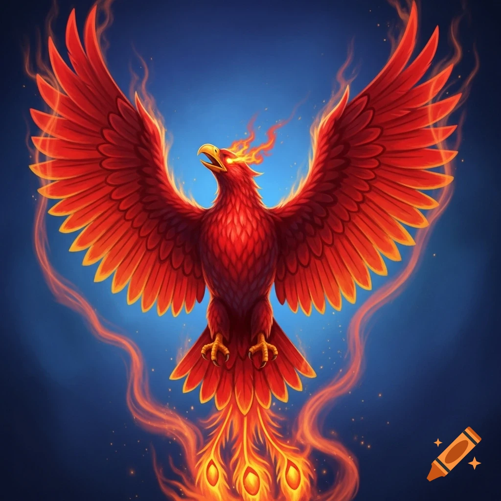 A vibrant red and orange phoenix with spread wings, engulfed in flames against a deep blue background.