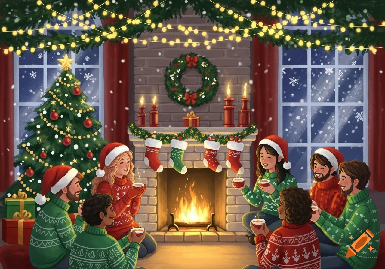 Cartoon illustration of a diverse group of friends in Santa hats and sweaters, celebrating Christmas by a fireplace with hot drinks.
