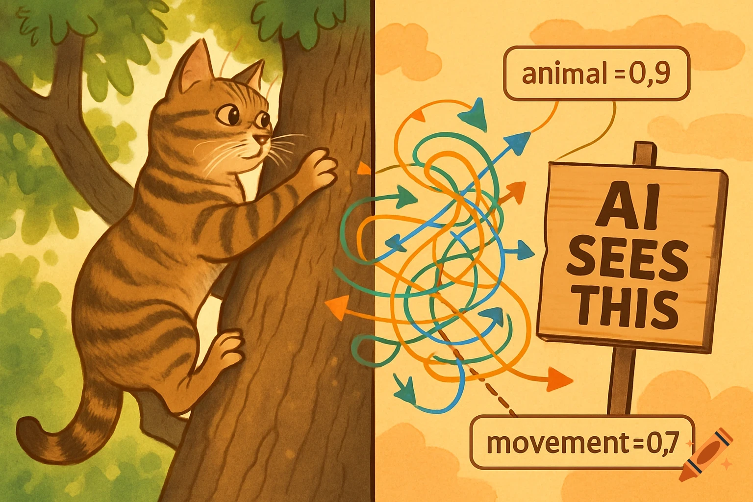 Cartoon image showing a cat climbing a tree and a conceptual diagram explaining how AI perceives it with text and arrows.