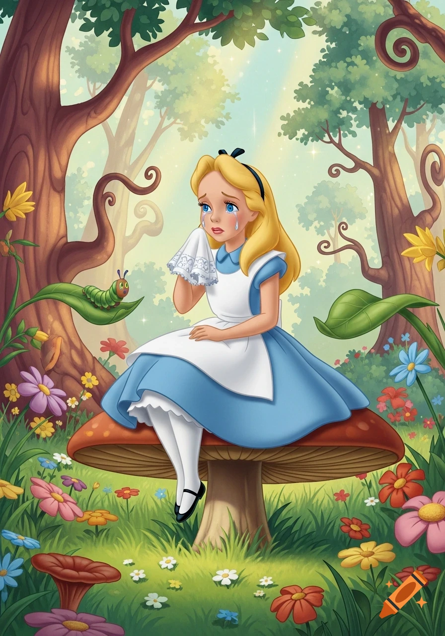 A cartoon illustration of Alice from Wonderland, wearing a blue dress and white apron, sitting on a red mushroom in a whimsical forest, crying into a handkerchief.