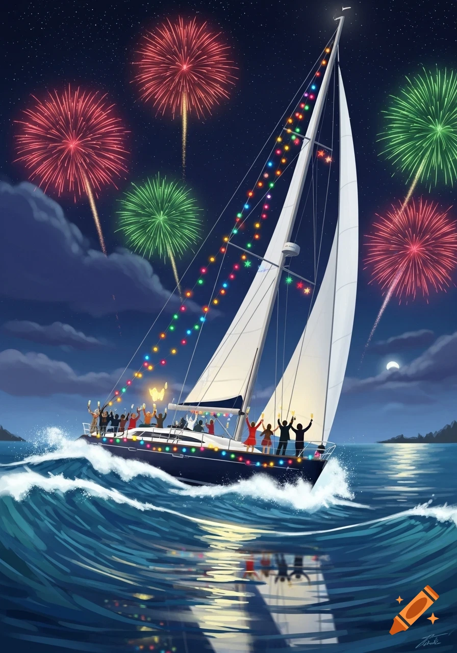 Illustrated sailboat with festive lights at night, people celebrating with champagne, and colorful fireworks exploding in the starry sky.