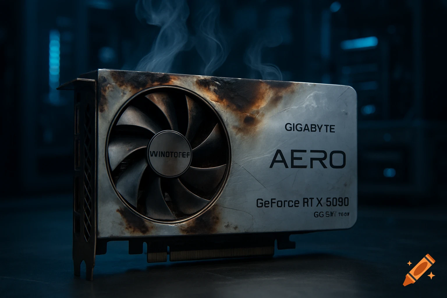 Close-up of a damaged, smoking computer graphics card with rust and burn marks, against a dark, blurry background.