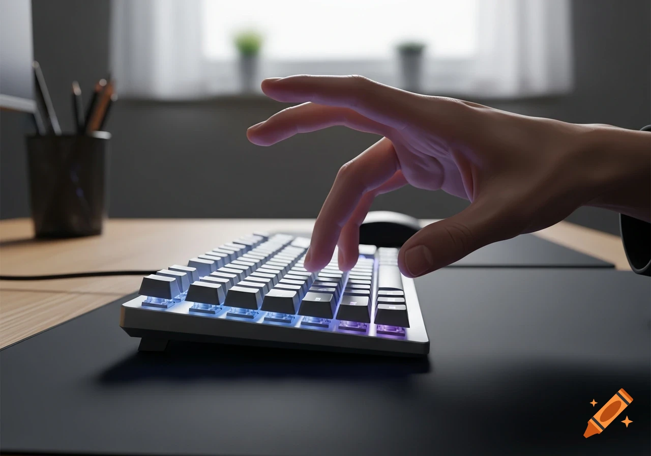 Close-up of a hand reaching to type on a white keyboard with glowing blue and purple keys on a dark desk.