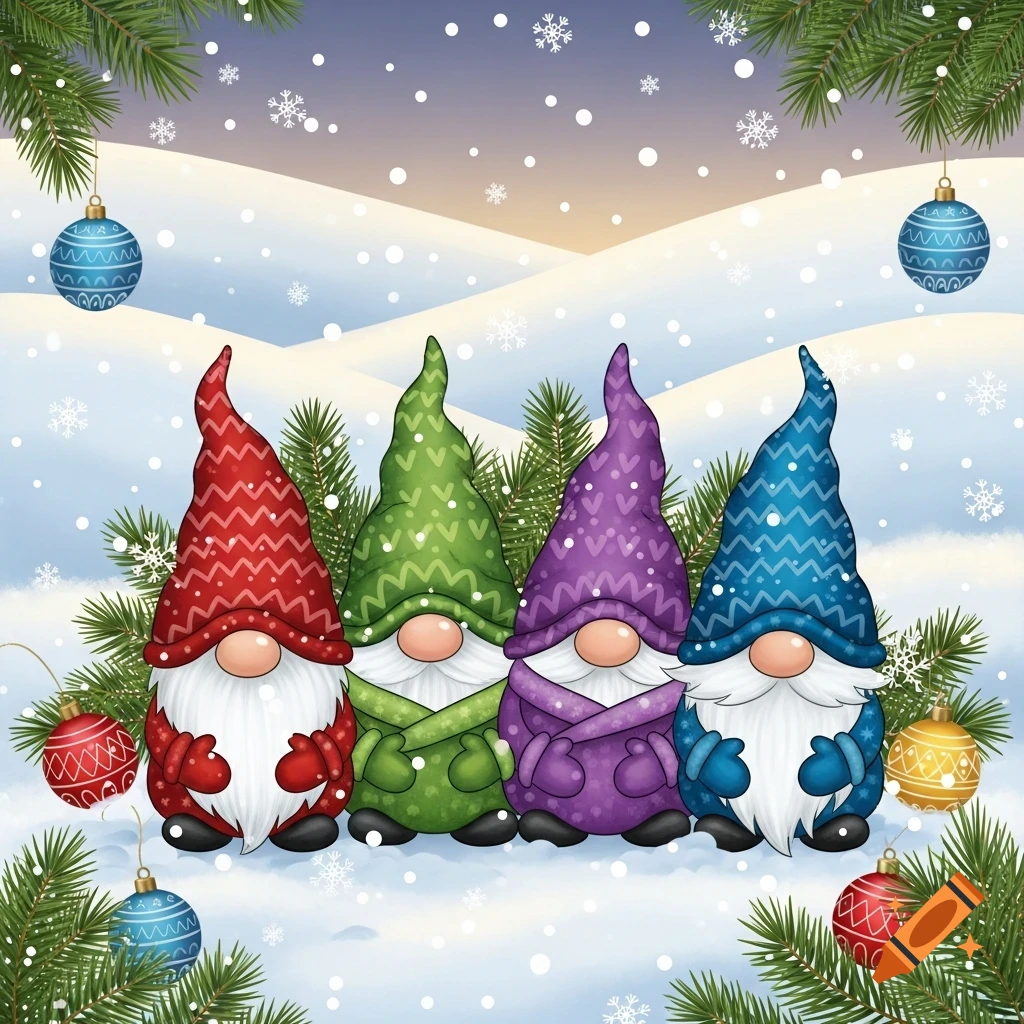Four colorful gnomes in a snowy winter scene with pine branches and Christmas ornaments. The gnomes wear red, green, purple, and blue hats.