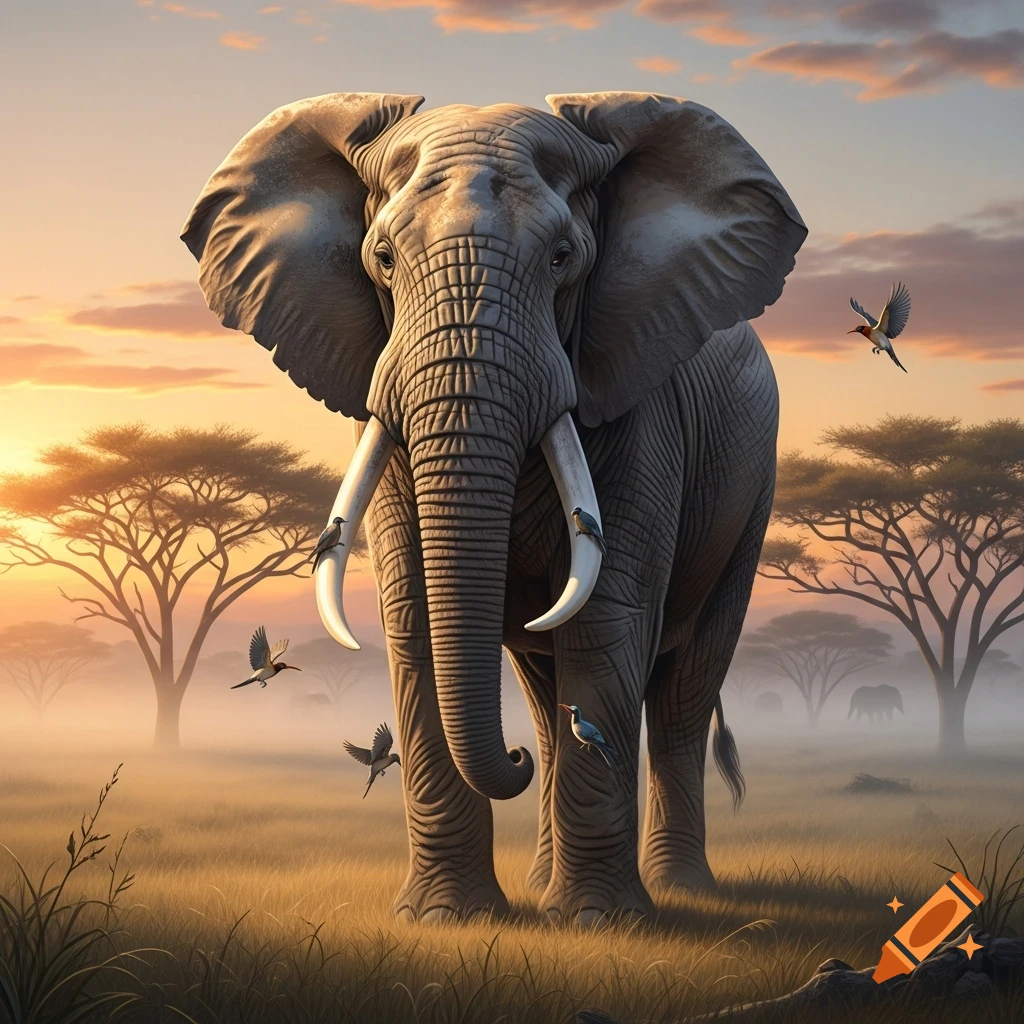 A large African elephant stands majestically in a golden savanna at sunset, with birds perched on its tusks and legs.