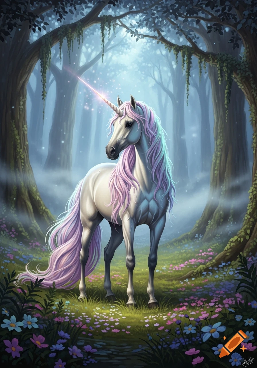 A majestic white unicorn with long, flowing pink and purple mane and tail stands in a mystical, foggy forest with glowing flowers.