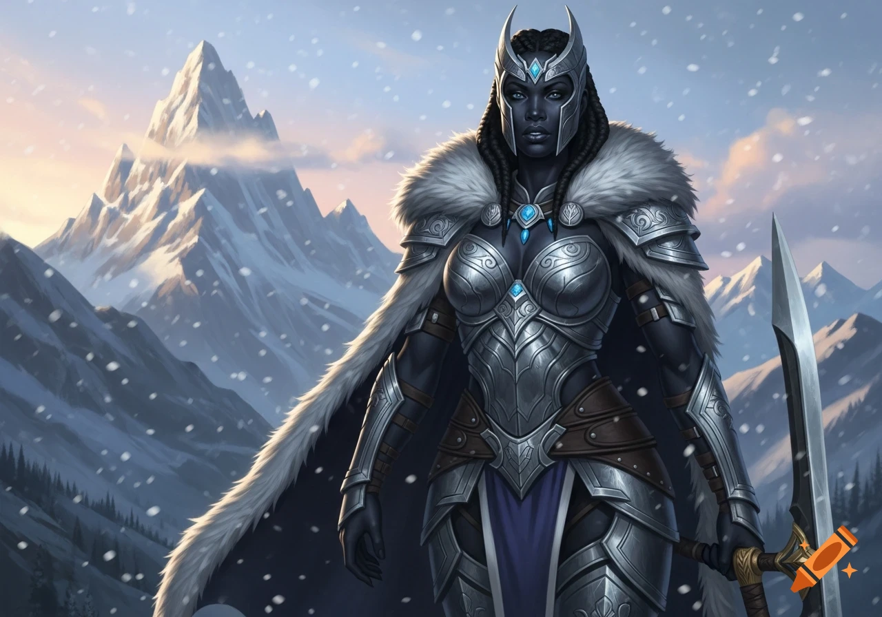 A powerful dark-skinned female warrior in ornate silver armor and a fur ...