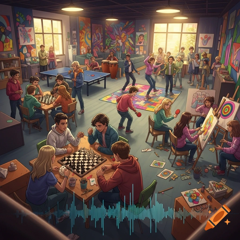 Vibrant illustration of a bustling community center where diverse teens engage in activities like chess, table tennis, dancing, and painting.