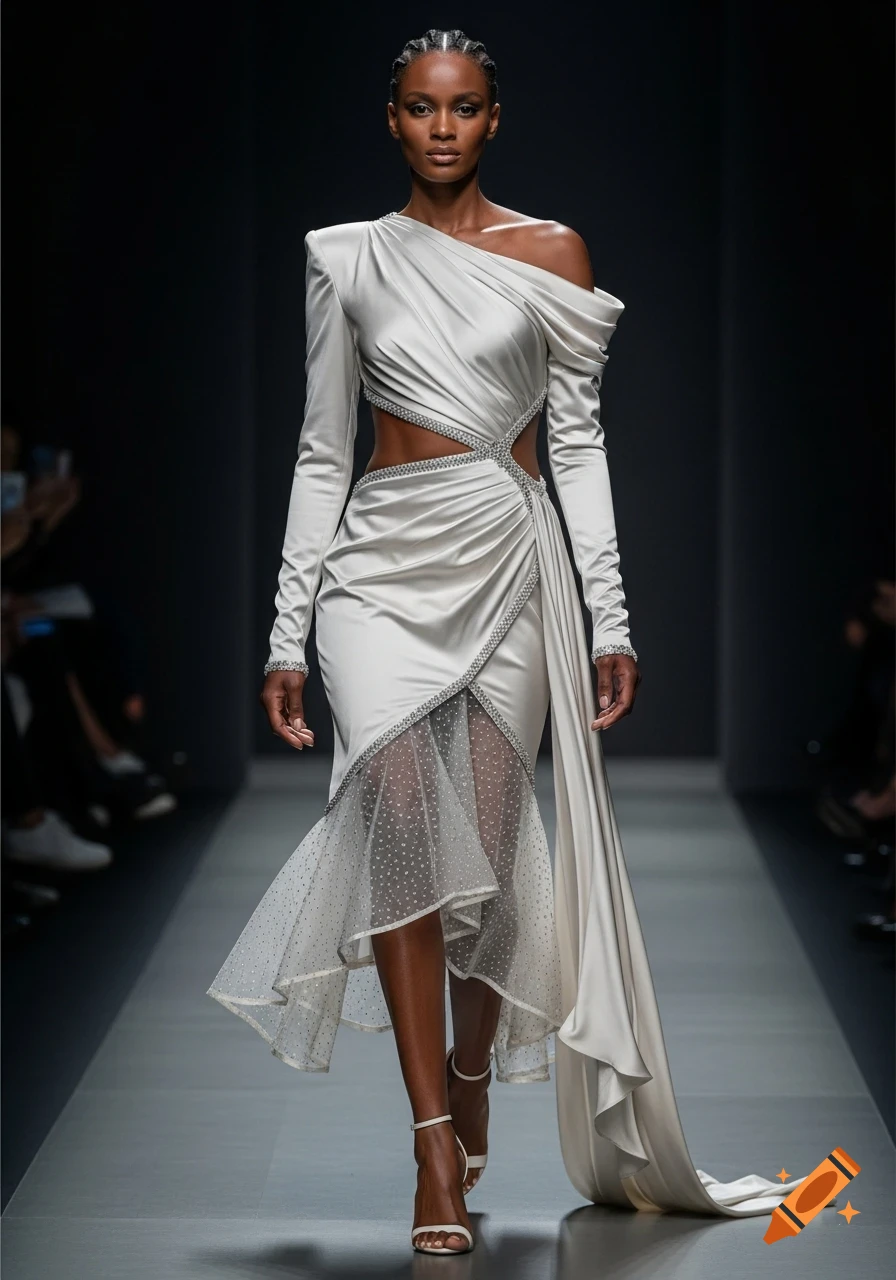 A dark-skinned model walks the runway in a long, flowing light silver dress with cutouts and sheer polka-dotted fabric.