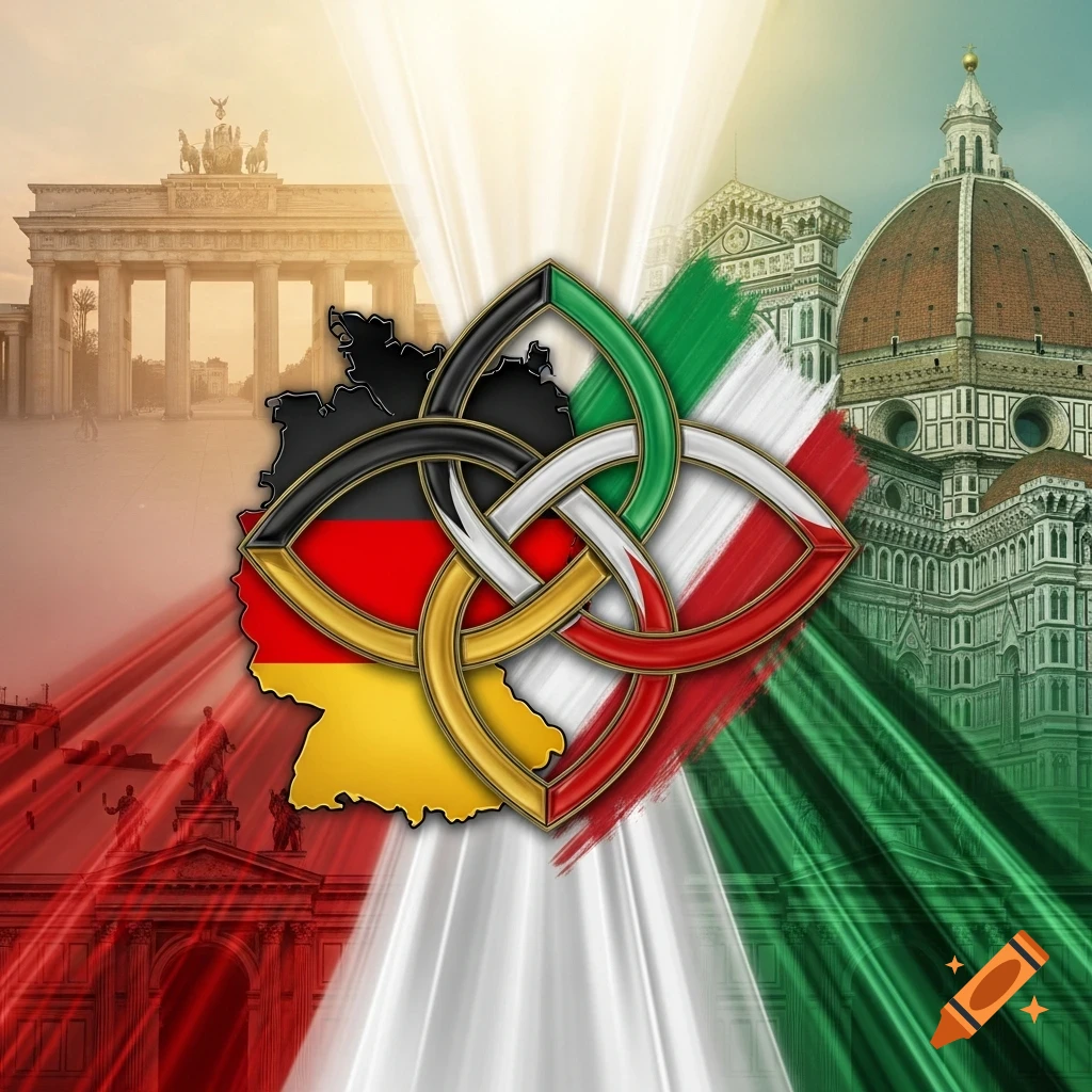 Composite image with Brandenburg Gate, Florence Cathedral, map of Germany, and a Celtic knot in German and Italian flag colors.