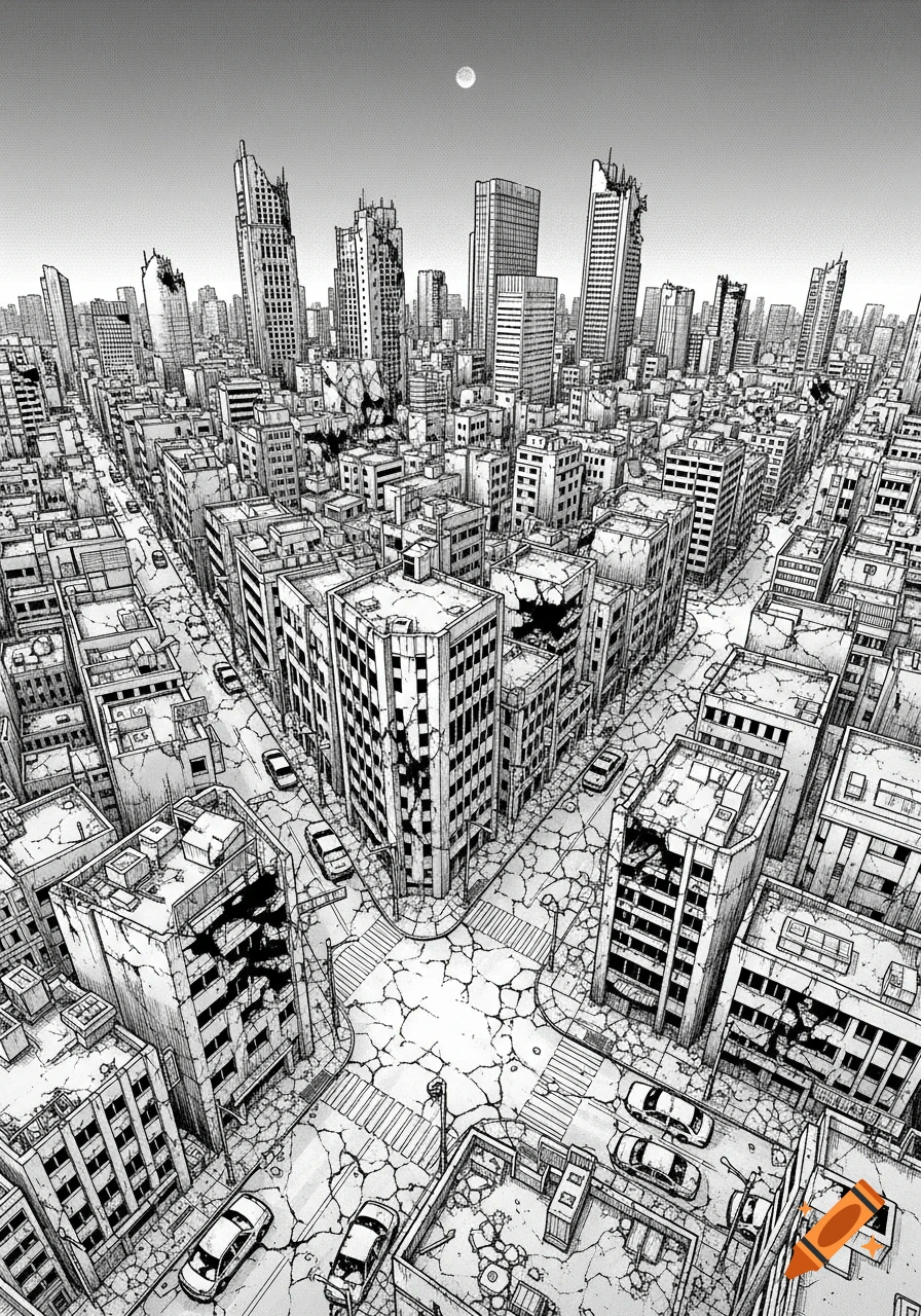 Overhead black and white manga drawing of a ruined post-apocalyptic city with damaged skyscrapers and cracked streets.