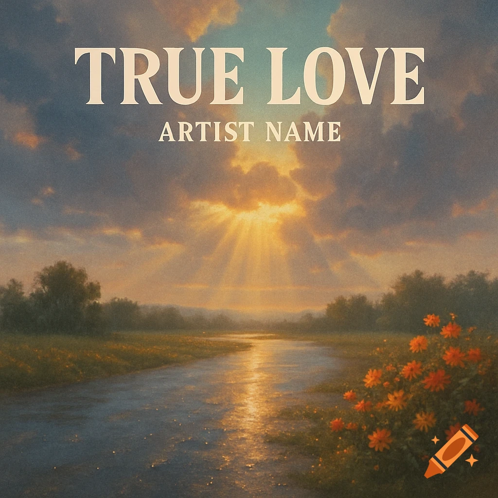 Sunset over a winding river with fields and orange flowers, featuring 'TRUE LOVE' and 'ARTIST NAME' on a cinematic album cover.